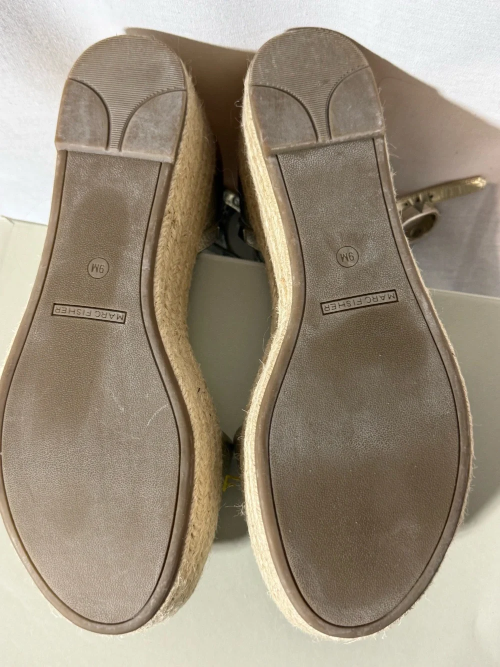 Marc Fisher Metallic Gold Espadrille Wedge Sandals with Studded Ankle Straps 9.5